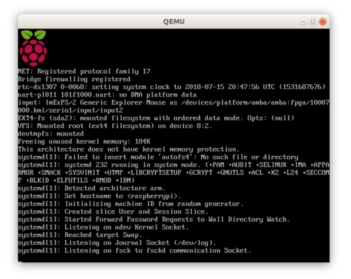 Screenshot of Raspberry Pi emulation running in QEMU