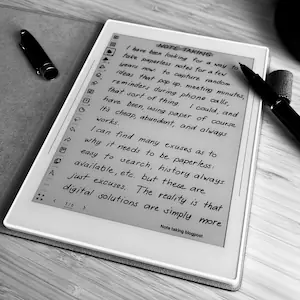 My Supernote Manta e-notebook with pen showing a draft of this blog post